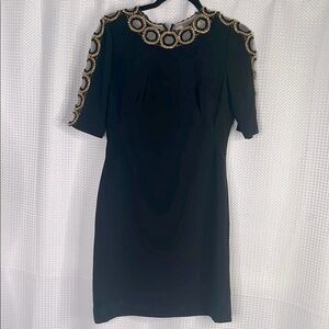 Jenny Packham Cocktail Dress Jeweled Neckline Short Sleeves Black Size 12